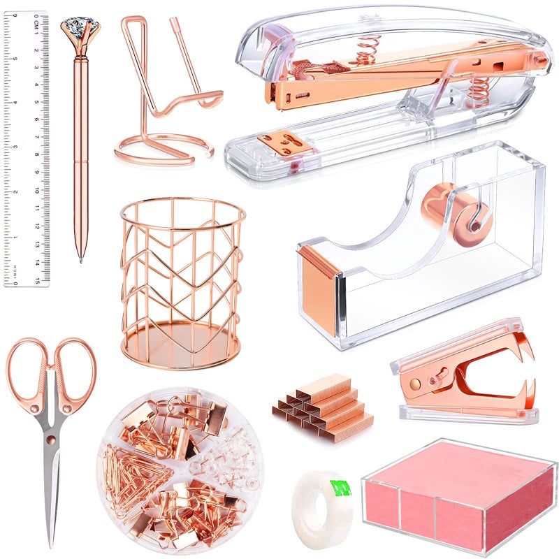 Famassi Rose Gold Office Supplies and Accessories  Acrylic Stapler  Staple Remover  Tape Holder  Ballpoint Pen  Scissor  Binder Clips  Staples  Phone Holder  Ruler  Transparent Glue and 300 Notes - Image 1